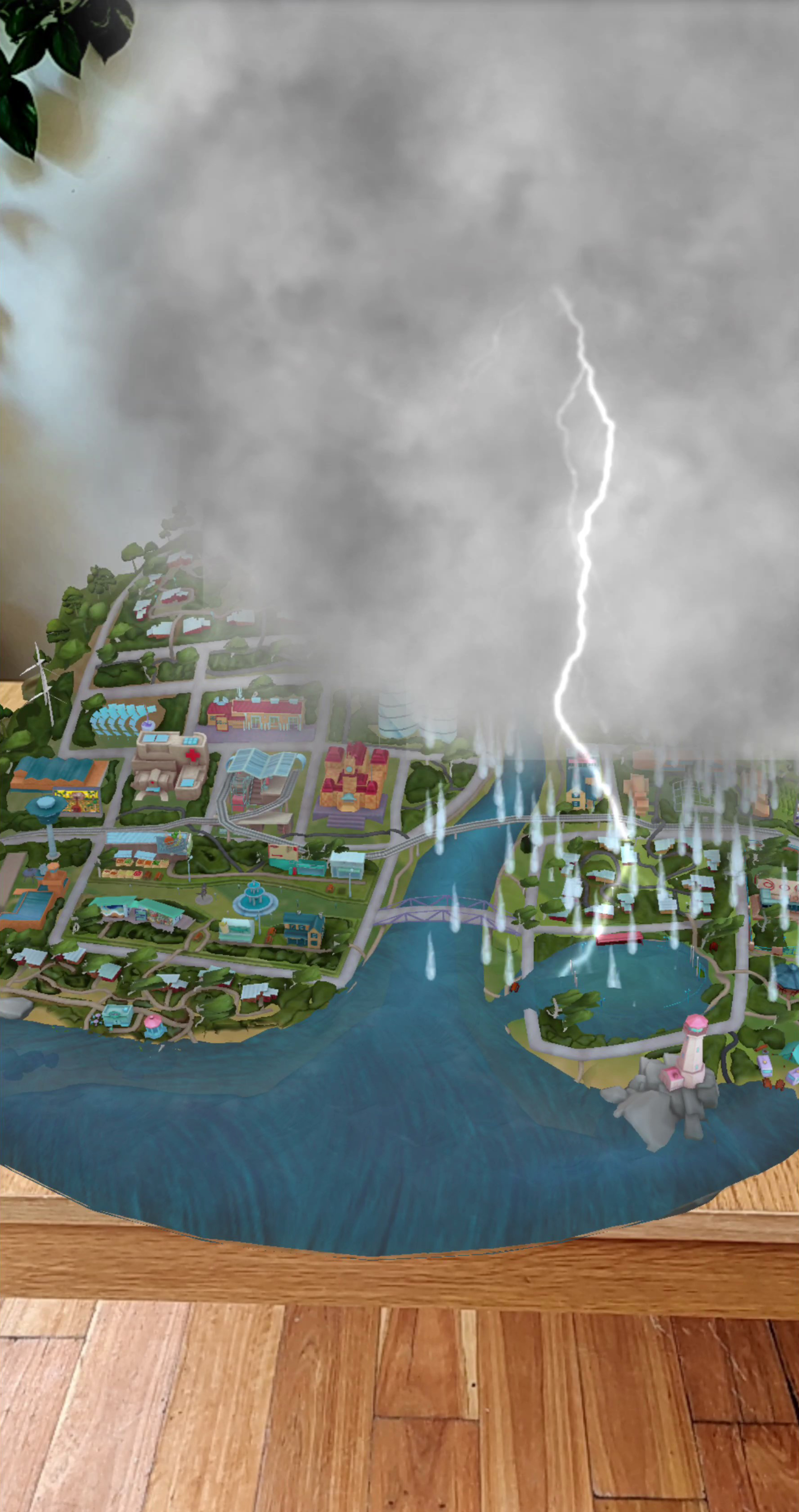 Artwork of lightning over Mt Resilience animated town.