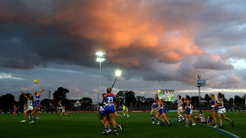 A view of play at sunset during the Round 2 AFLW match between the Bulldogs and Cats.