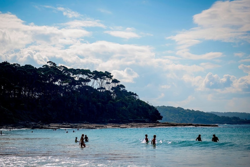 Children swimming at a picturesque beach with white sands surrounded by bushland.