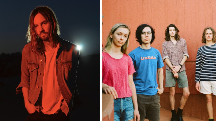 Tame Impala's Kevin Parker in denim jacket and white shirt; Spacey Jane against red wall