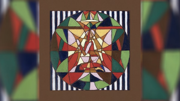 chalk illustration of geometric shapes in autumnal colours forming a stained glass pattern of a figure kneeling
