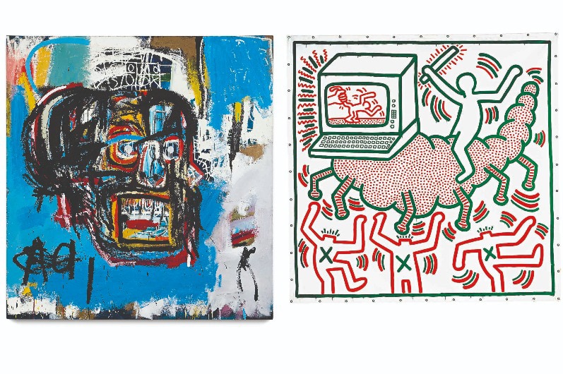 Colour photographs of Untitled 1982 Jean-Michel Basquiat (left) and Untitled 1983 by Keith Haring (right).