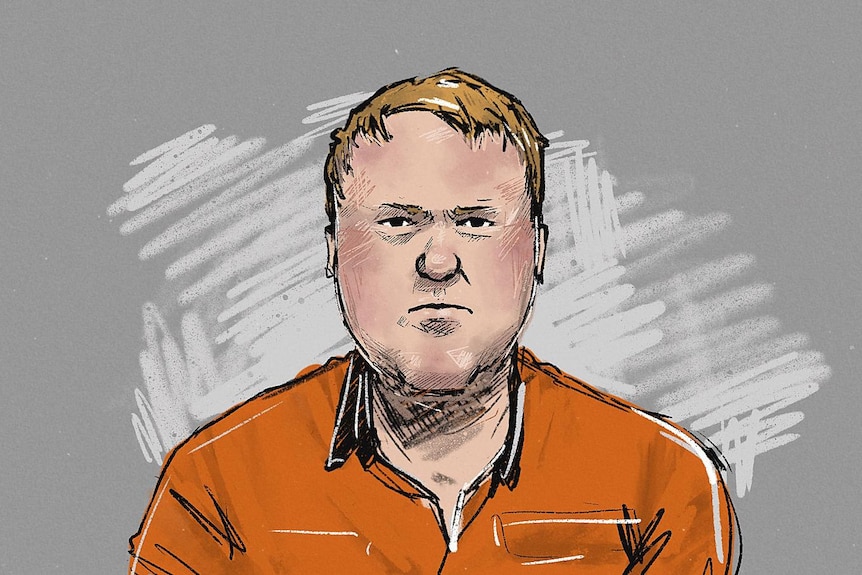 A court sketch of a man with short blonde hair in a prison-orange shirt.