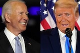 On the left, Joe Biden smiles widely. On the right, Donald Trump looks frustrated.