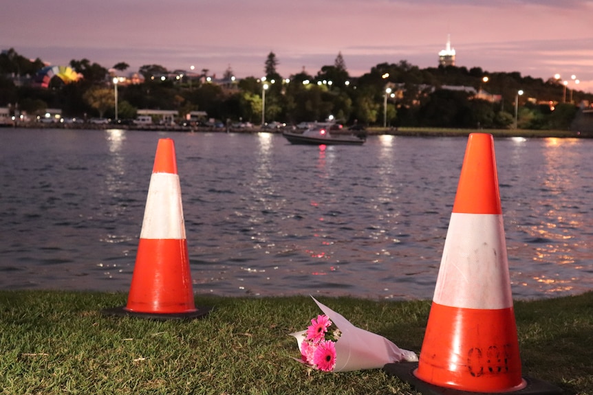 A bouquet of pink flowers lays between two orange traffic cones on the banks of a river. 