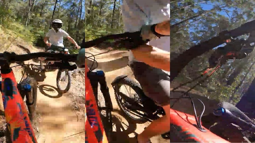 A three-panel image from the perspective of a mountain biker that shows a collision in bushland with a motorbike.