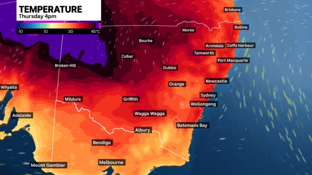A map of southeastern Australia where hotter regions are shaded dark red and cooler areas are light red to yellow.