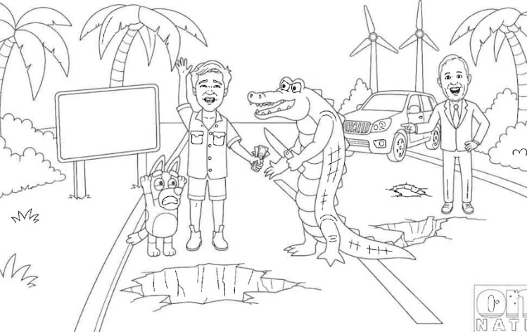 One Nation colouring book for kids shows Bluey held at knifepoint