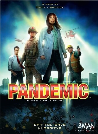 The cover for the board game pandemic with a doctor, soldier, man in suit, construction worker
