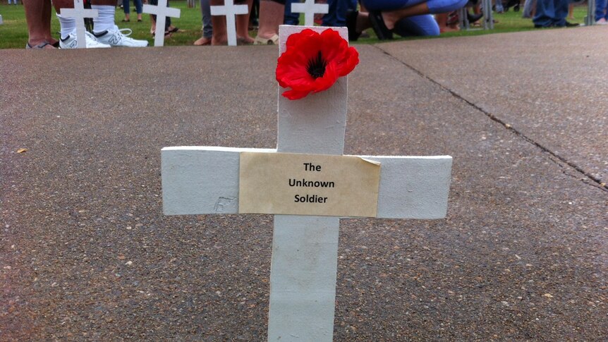 This cross, in Broome, Western Australia, represents the unknown soldier, or every man who lost their lives without their remains being identified, and all soldiers killed in war.