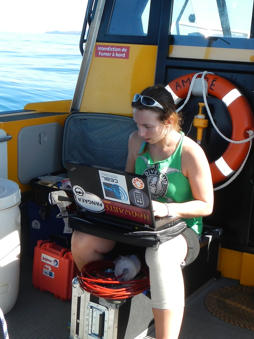 A woman in green-patterned, sleeveless top and light tights sits in a boat, works on a computer.