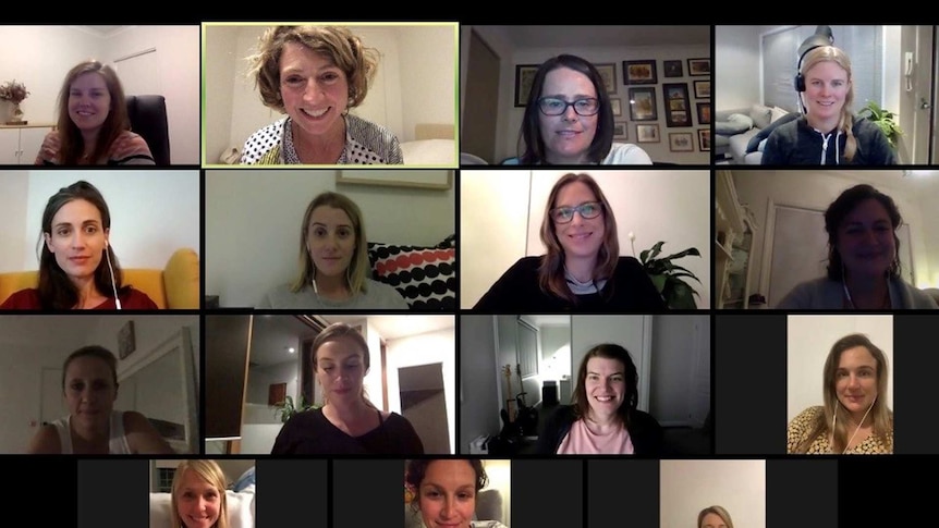Video chat screenshot showing a virtual mothers' group