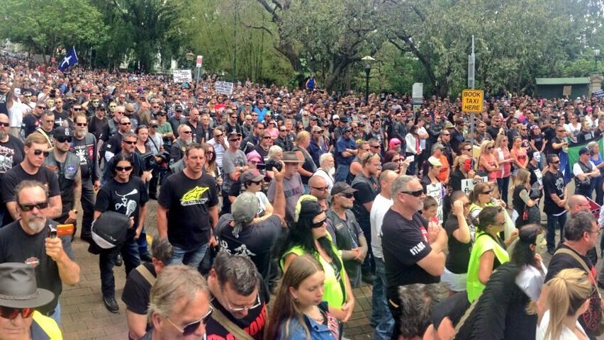 Hundreds of people gather for an anti-bikie law protest in Brisbane