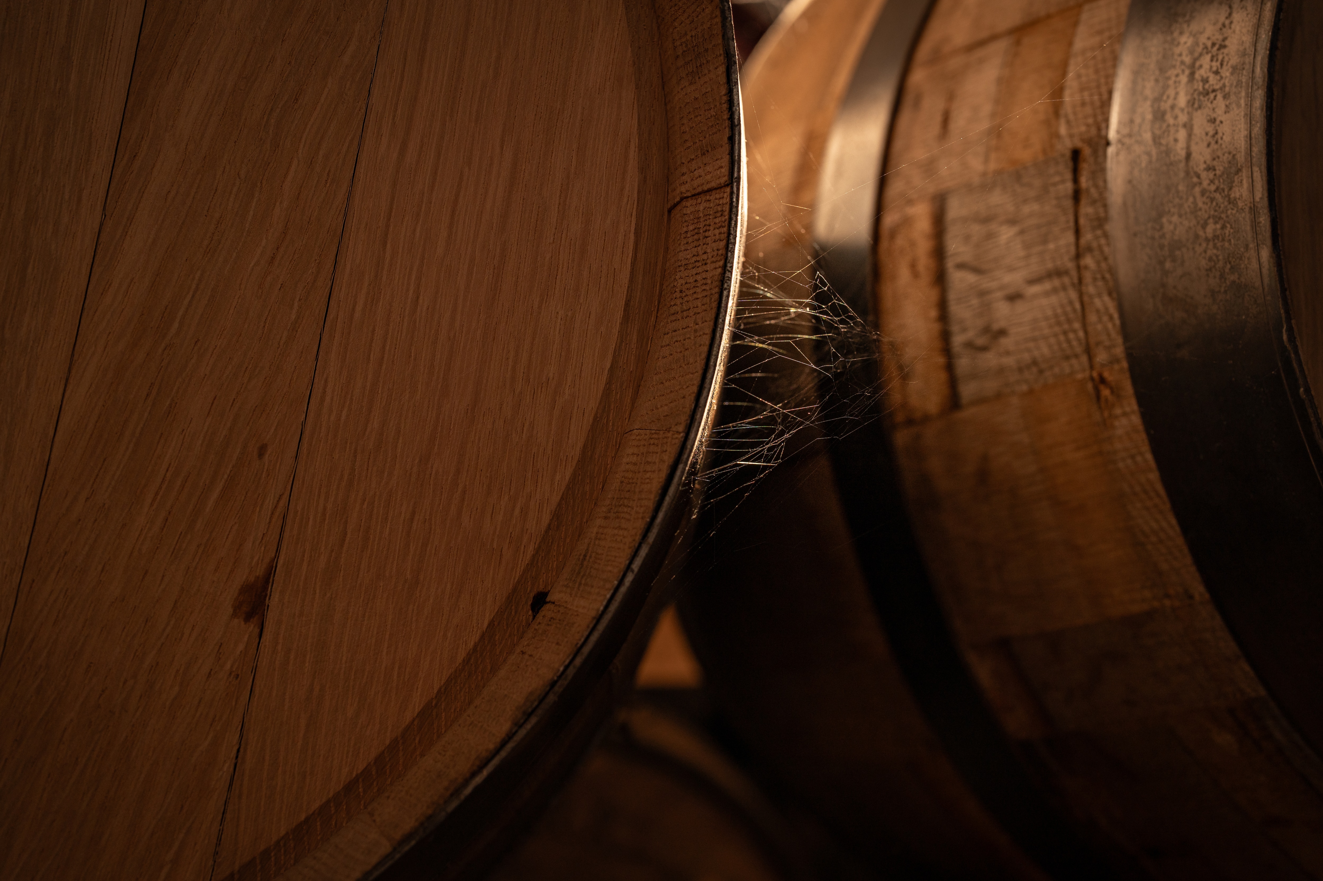 Dusty barrels and a warm coloured copper still in large shed