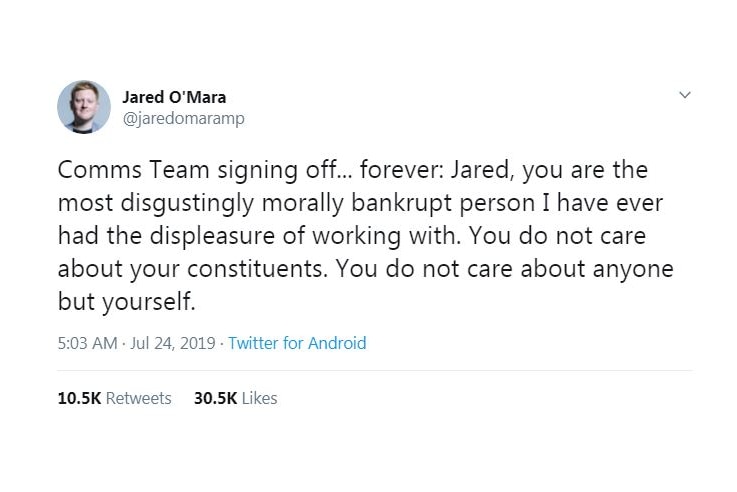 A tweet sent from British MP Jared O'Mara's Twitter account reads "Comms Team signing off... forever"