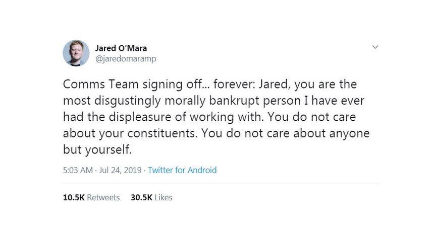 A tweet sent from British MP Jared O'Mara's Twitter account reads "Comms Team signing off... forever"