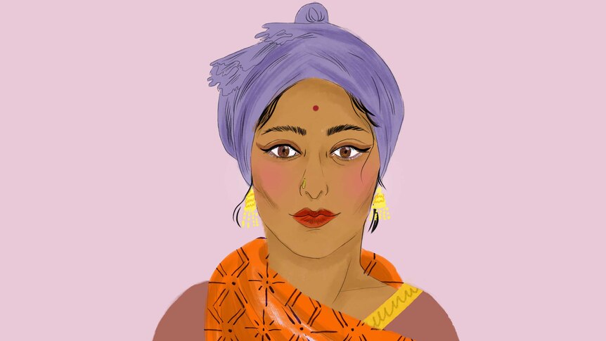 Illustration of Sikh woman wearing a lavender-coloured turban.