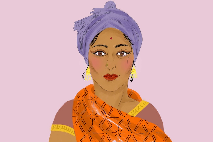 Illustration of Sikh woman wearing a lavender-coloured turban.