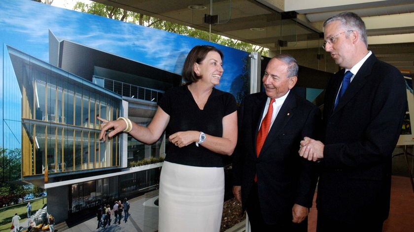 LtoR Premier Anna Bligh, ABC chairman Maurice Newman AC and ABC managing director Mark Scott look at an artist's impression of the ABC's new Queensland HQ.