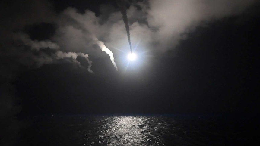 The Tomahawk cruise missile is seen launched from the USS Porter vessel