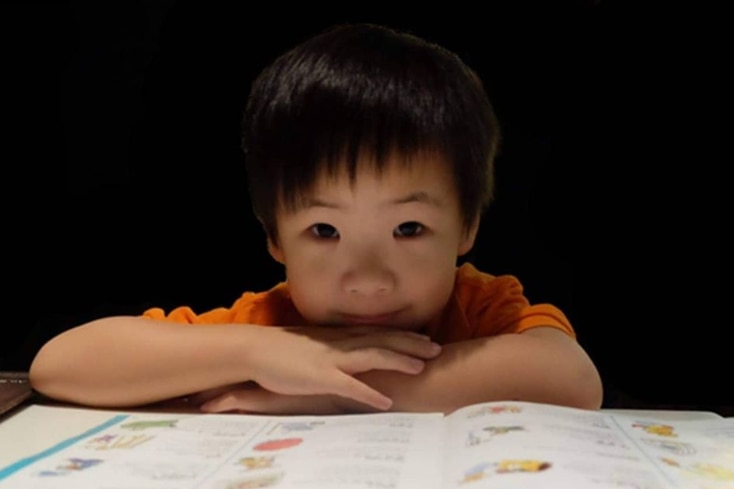 A small boy looks into the camera as he leans on a school book