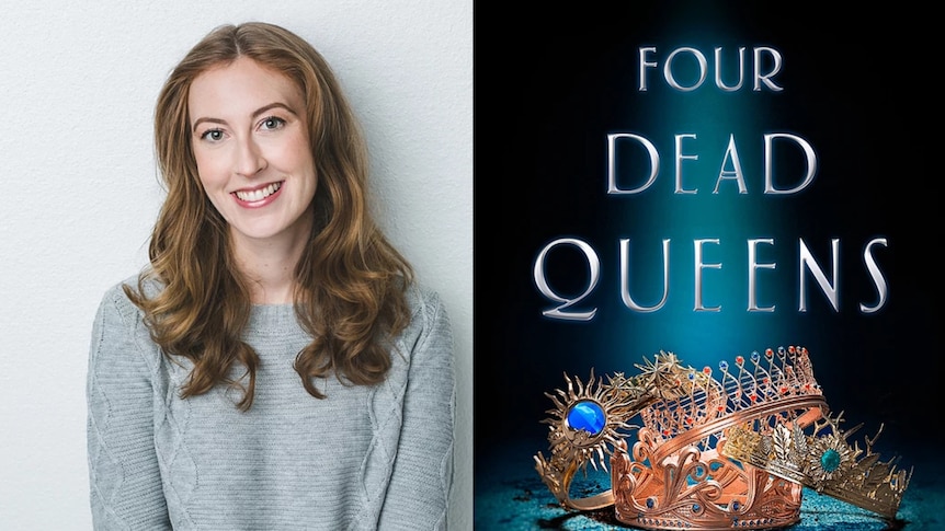 A photo of author Astrid Scholte and the cover of her book, Four Dead Queens