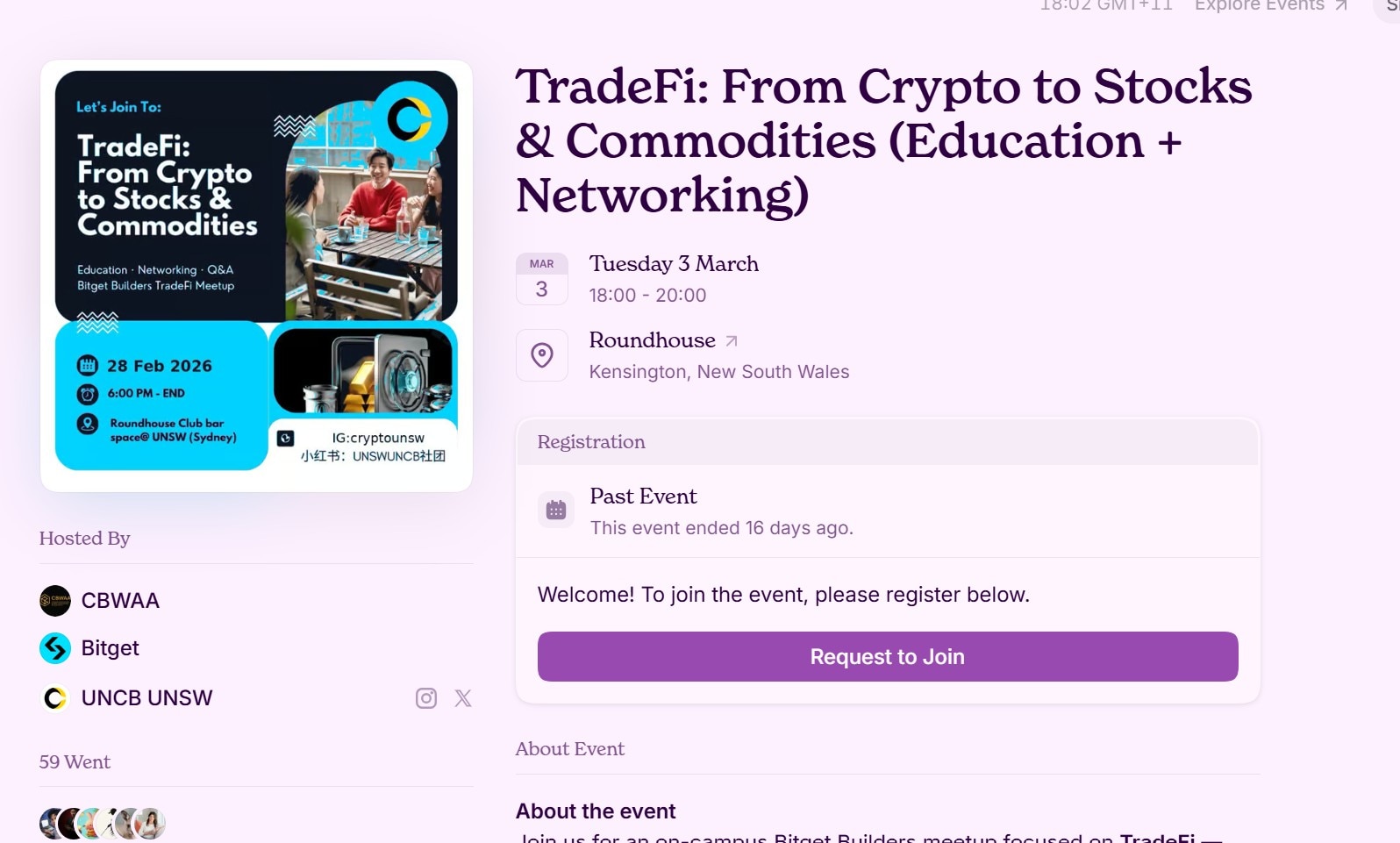A screenshot of the event details for this crypto event that was held earlier this month at UNSW's Roundhouse