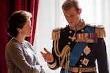 Queen Elizabeth (played by Claire Foy) and Prince Philip (played by Matt Smith) talk in The Crown.