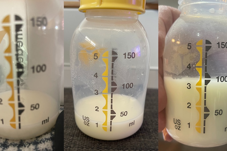 Three baby bottles showing different volumes of milk