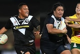 Composite image of New Zealand Kiwi Ferns Mele Hufunga and Amber Hall running with the ball at the Rugby League World Cup.