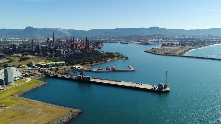 A wide aerial view of a port.