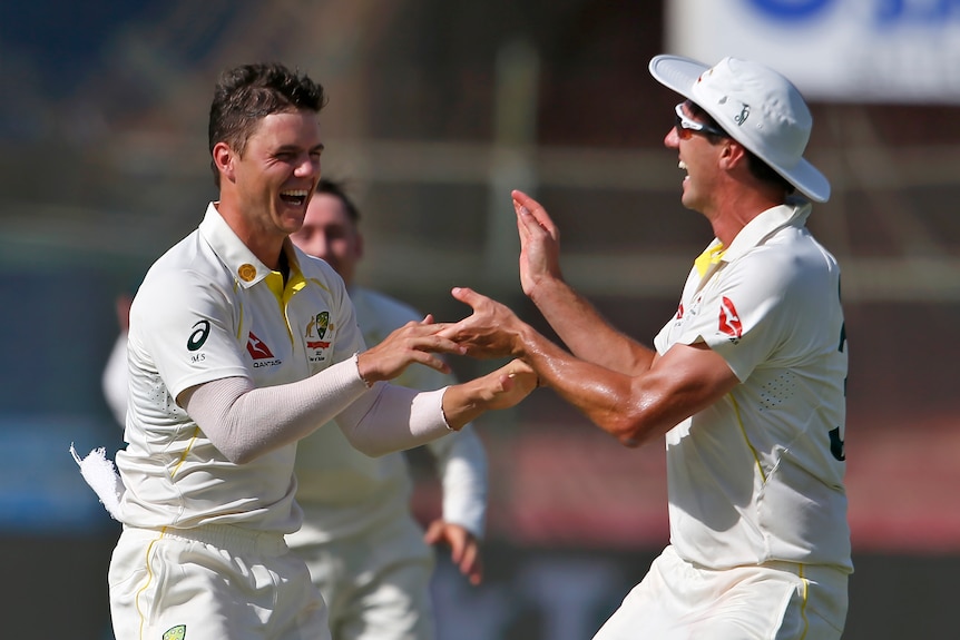 Australia Test cricketers Mitchell Swepson and Pat Cummins high five and smile after a wicket in a match against Pakistan.