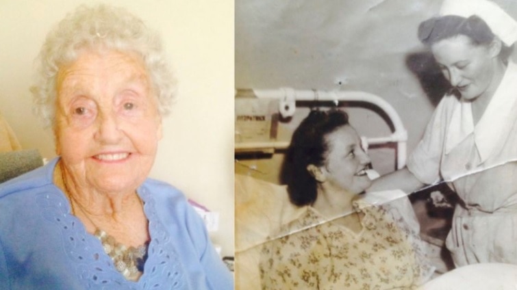A composite photo of an elderly woman with white hair on the left, and a black and white photo of the woman in hospital, aged 17