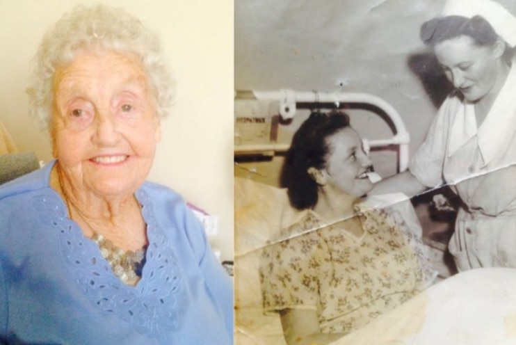 A composite photo of an elderly woman with white hair on the left, and a black and white photo of the woman in hospital, aged 17