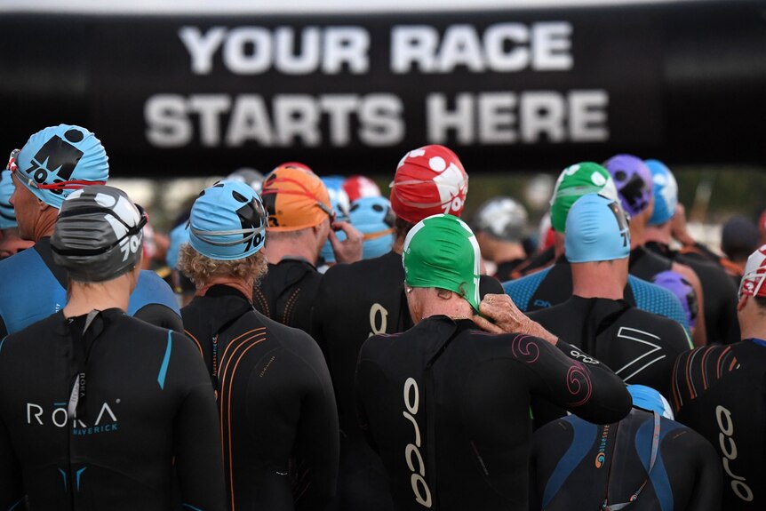 Group of swimmers adjust swimming caps at race start line