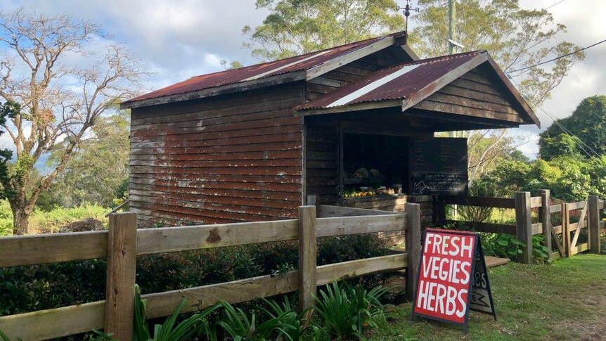 Rustic old shed with a fruit and veg sign out the front.