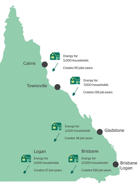A green map of Queensland marked households and jobs.