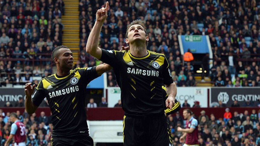 Frank Lampard celebrates scoring a goal against Aston Villa