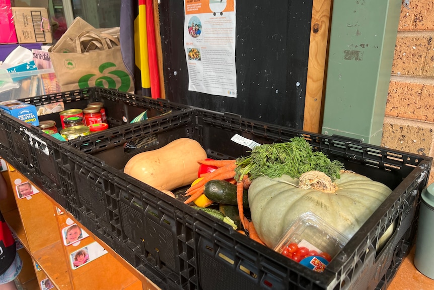 photo of vegetables and canned food in black crates on a locker 