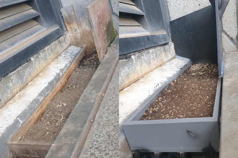 A composite image of an old wooden box filled with dirt in a gutter next to a new metal box.