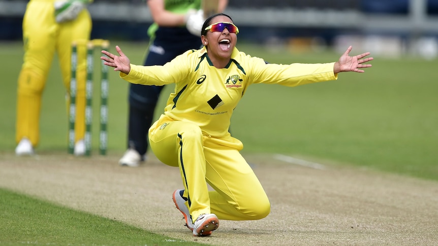 Alana King shouts an appeal at the umpire while down on one knee with both arms outstretched during a Twenty20 cricket game.