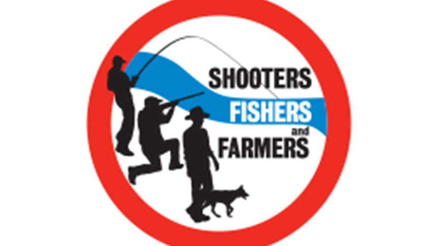 The logo of the Shooters, Fishers and Farmers Party on a white background.