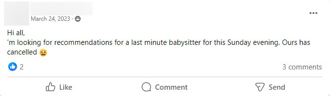 Person looking for a babysitter on Facebook community group.