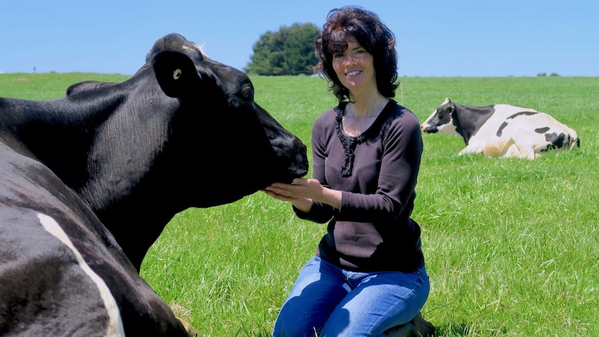 Leanne Dobson pets her favourite cow Tara at their property