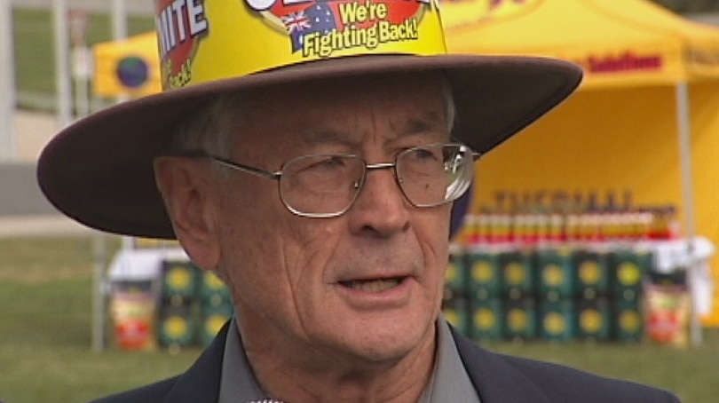 Video still: Australian entrepreneur Dick Smith lobbying politicians for Australian made goods Aug 2012