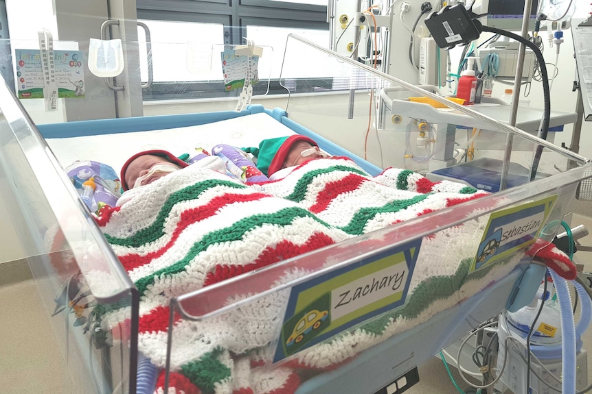 Twin brothers lie in a hospital crib with their names, Zachary and Sebastian, written on the front.