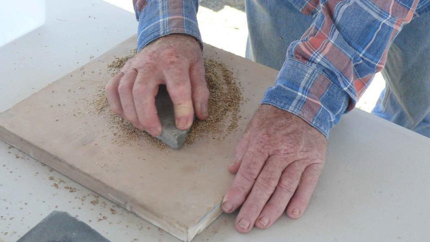 Hands grind grains on wooden board with rock