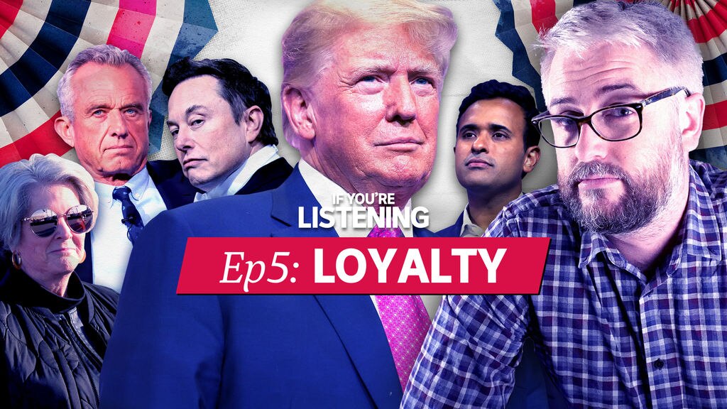 If You're Listening, Loyalty: A man with glasses looks at camera with collage of various figures behind Donald Trump in centre