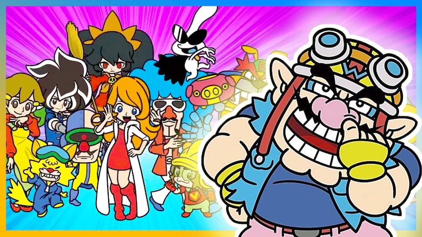 Wario picks his nose standing in front of a bunch of characters from the game WarioWare: Get It Together