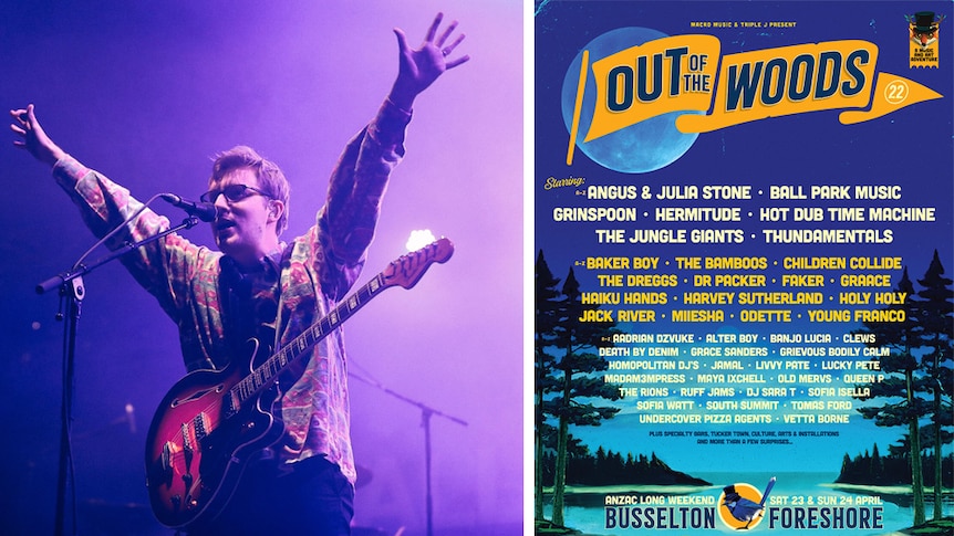 A collage of Ball Park Music's Sam Cromack performing live and the Out of the Woods 2022 lineup poster